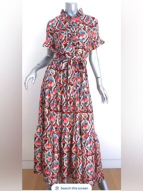 LA DOUBLEJ LONG AND SASSY DRESS MATISSE PRINT SILK TWILL SIZE SMALL TIERED MAXI